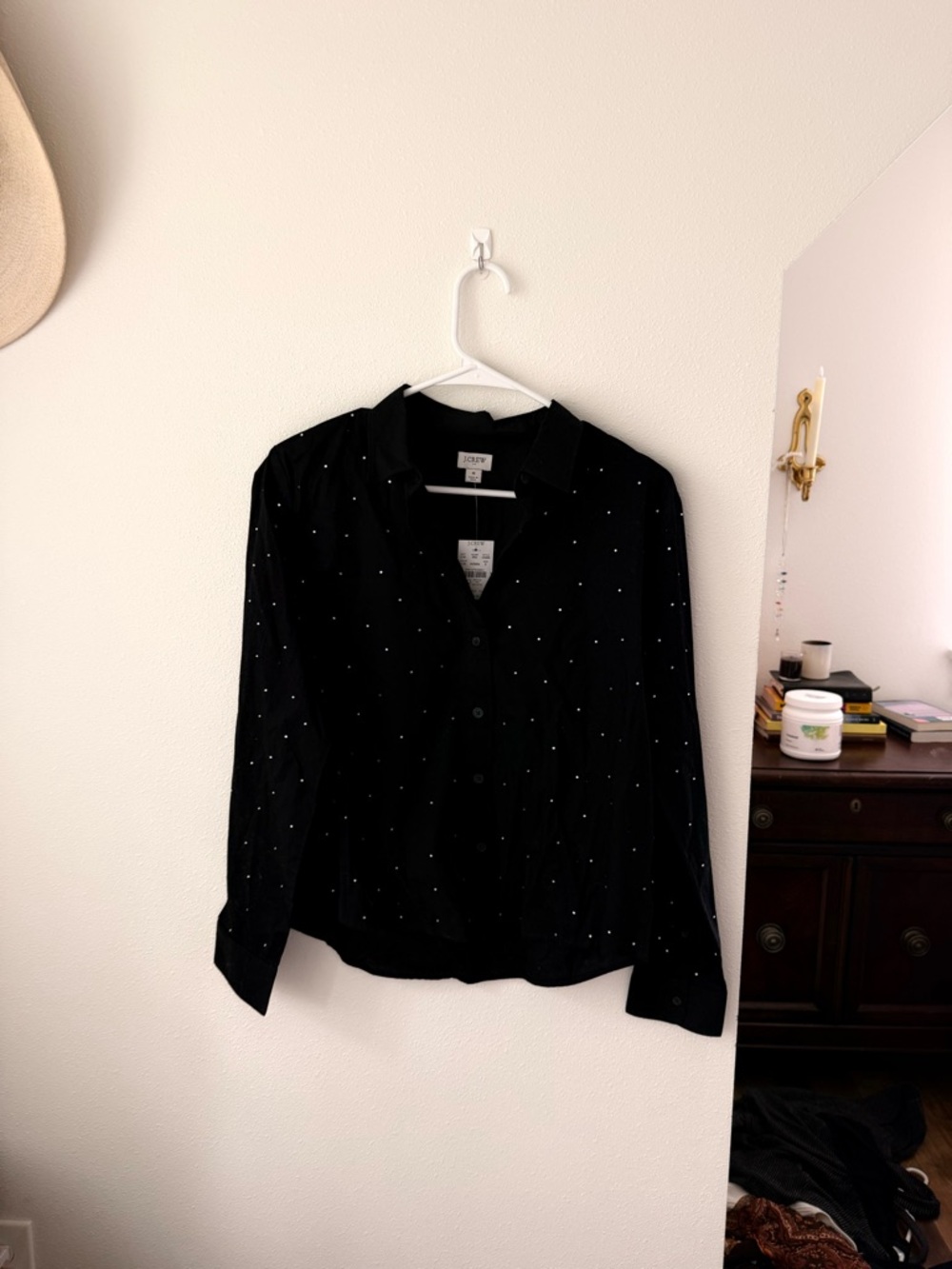 NWT J. Crew Cropped Black Button-Down Shirt with rhinestones